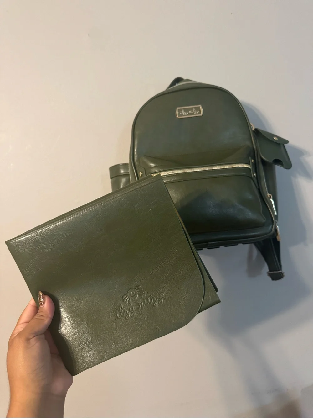 Itzy Ritzy Olive Faux-Leather Backpack with Gold Hardware